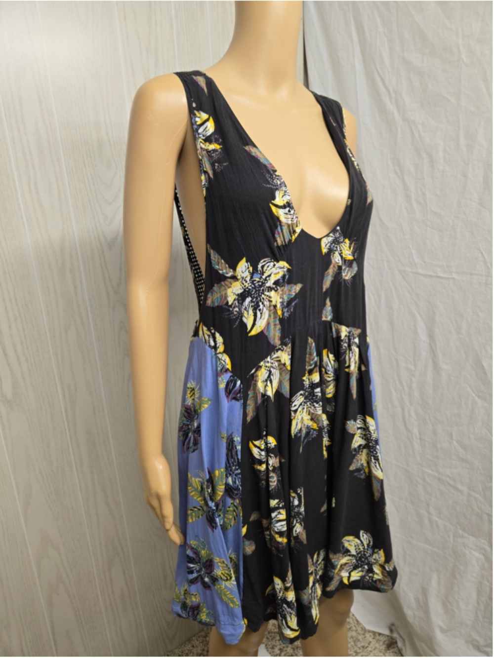 Free People Two-Tone Floral Mini Dress — Blue & Black - Picture 6 of 9